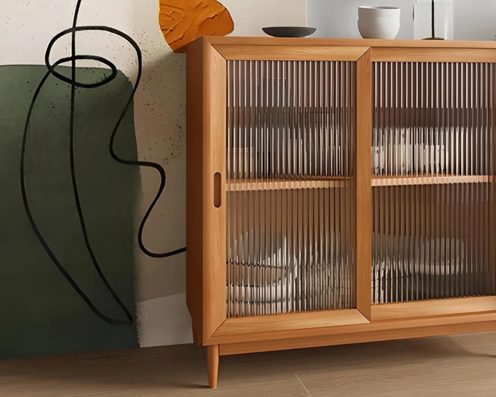 wooden sideboard with glass doors